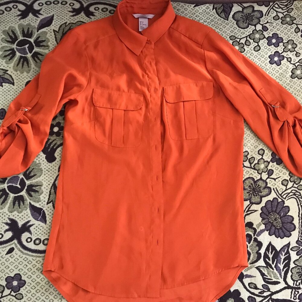 H&m Women’s 3/4 Sleeve Top Blouse Shirt Size 4 Pockets Orange
